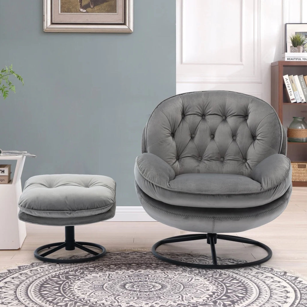 Velvet Swivel Accent Chair with Ottoman Set, Modern Tufted Armchair with Footrest for Living Room Reading TV Chairs for Adults, Comfy Chaise Lounge Chairs with 360 Degree Swiveling for Bedroom, Pink