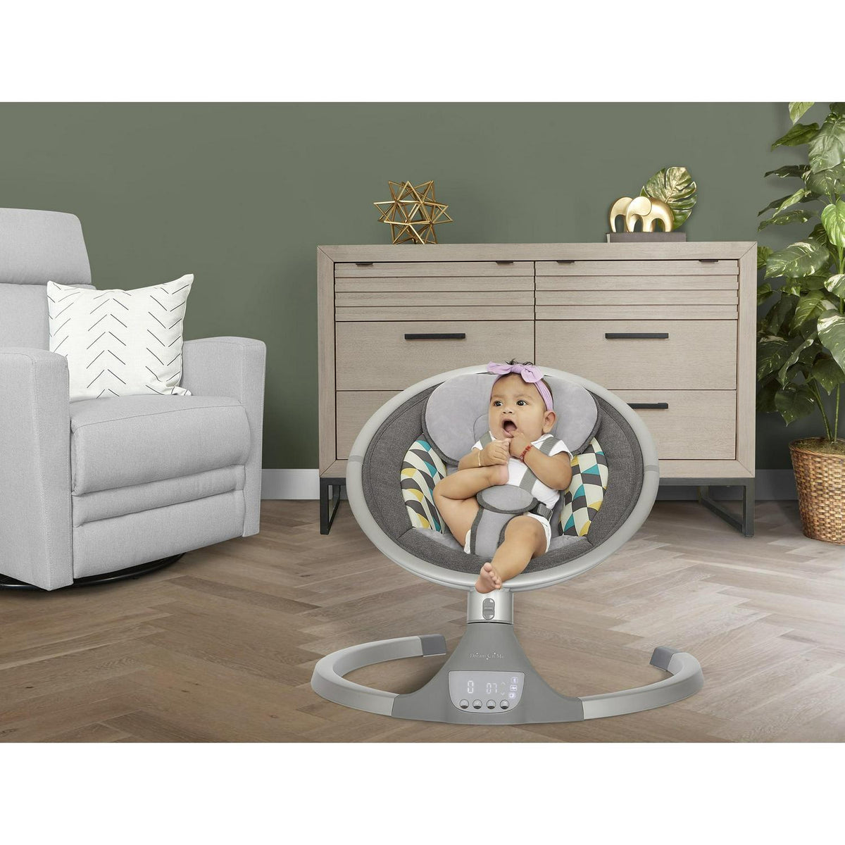 Dream On Me Zazu Baby Swing. Baby Swing for Infant. 5 - Swinging Speed. Two Attached Toys. Bluetooth Enabled and Remote Control. Grey and Blue