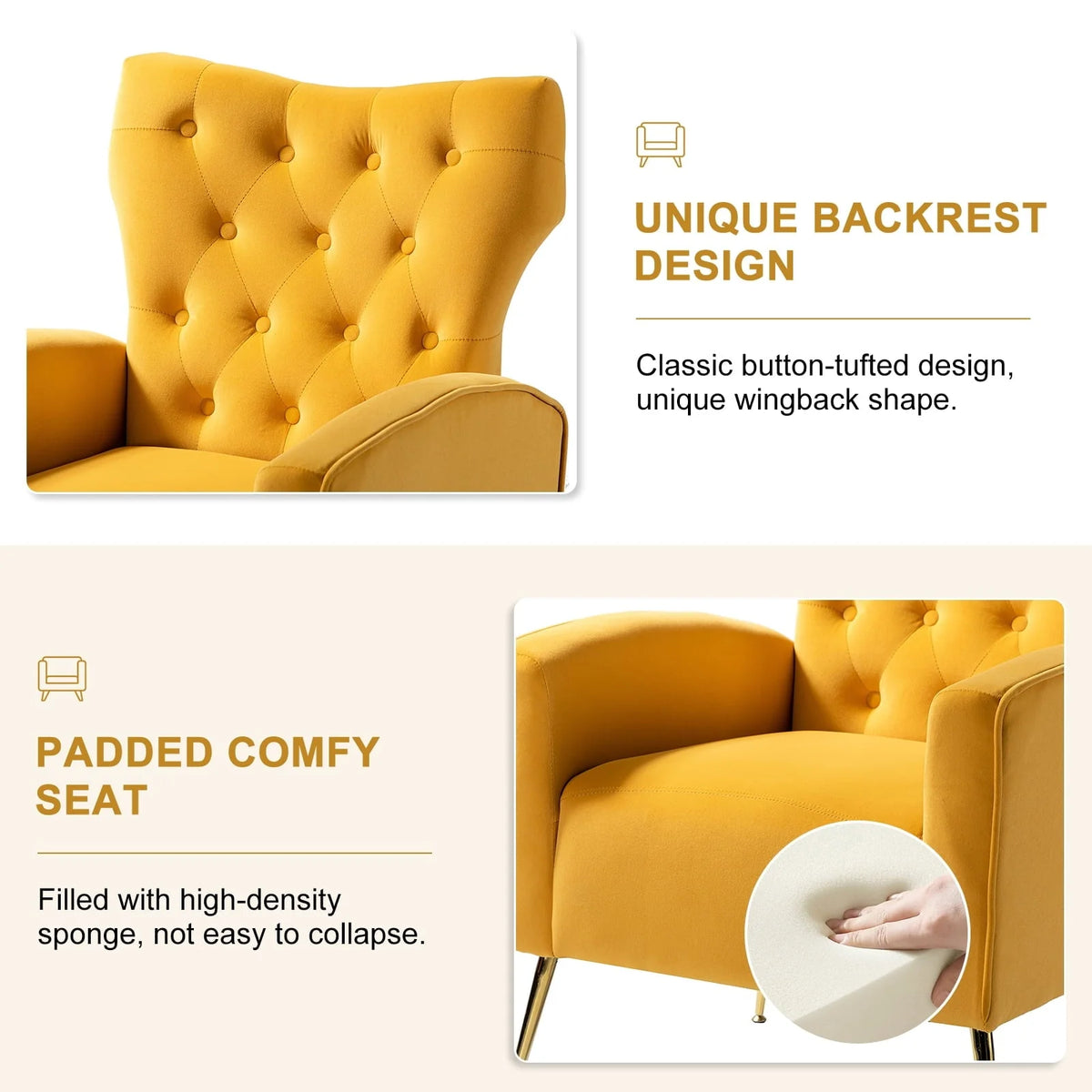 14 Karat Home Fall Home Decor Velvet Accent Chair Button Tufted Metal Legs Adult Living Room Mustard