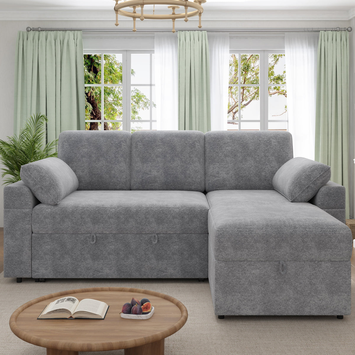 VANACC Sofa Bed, Adult Sleeper Sofa with Storage Chaise, Pull Out Couch for Bed Room, Gray Chenille