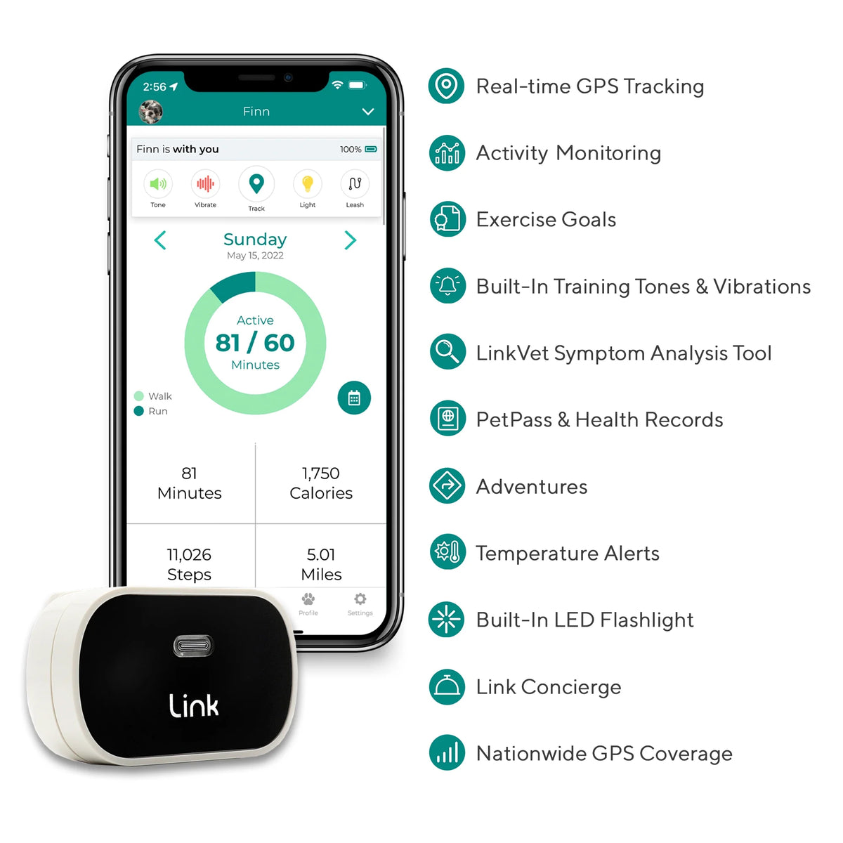 Link My Pet GPS Dog Tracker & Activity Monitor with Training Tools, Fits Any Collar