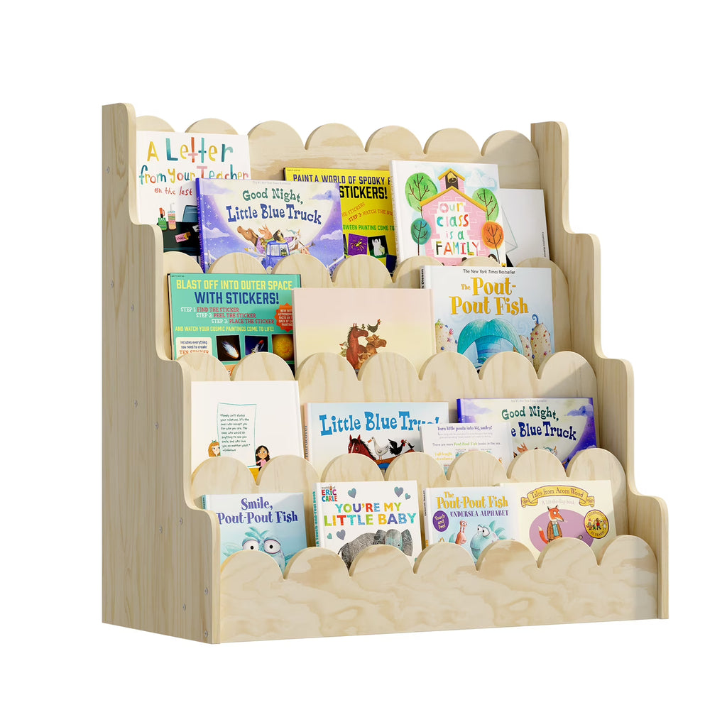 Montessori Wood Kids Bookshelf - Scalloped 4-Tier Front-Facing Book Display, Nursery Organizer for Toddler/Baby Books & Toys, Gender-Neutral Classroom Playroom Storage