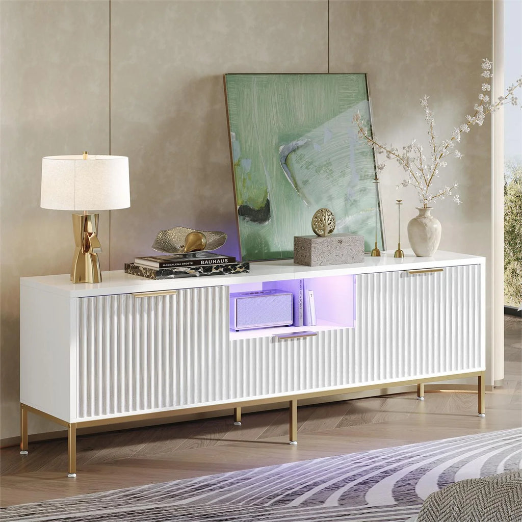Bestier 55" LED TV Stand for TVs up to 60" Modern High Gloss Entertainment Center with Drawers Cabinets Fluted TV Console, White & Gold