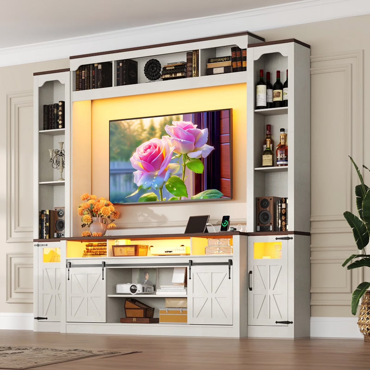 Farmhouse Wall Unit TV Stand with Storage for TVs up to 75", Large Entertainment Center with Bookshelves, LED Light & Power Outlet for Living Room