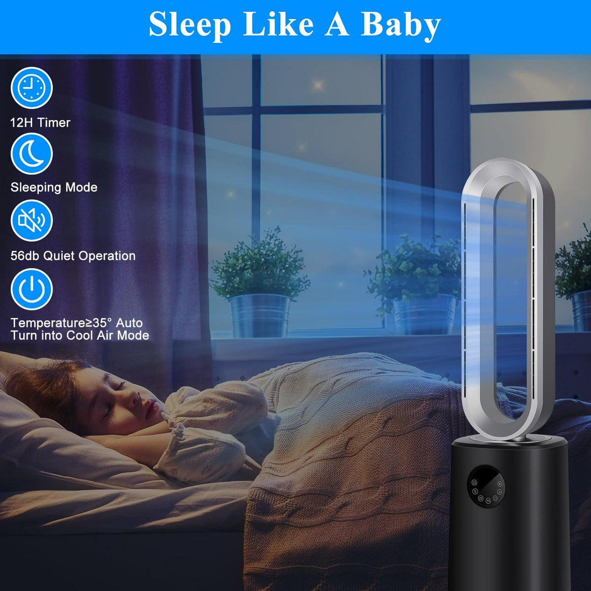 35″ Space Heater Bladeless Tower Fan. Heater &amp; Cooling Fan with Remote Control.Black