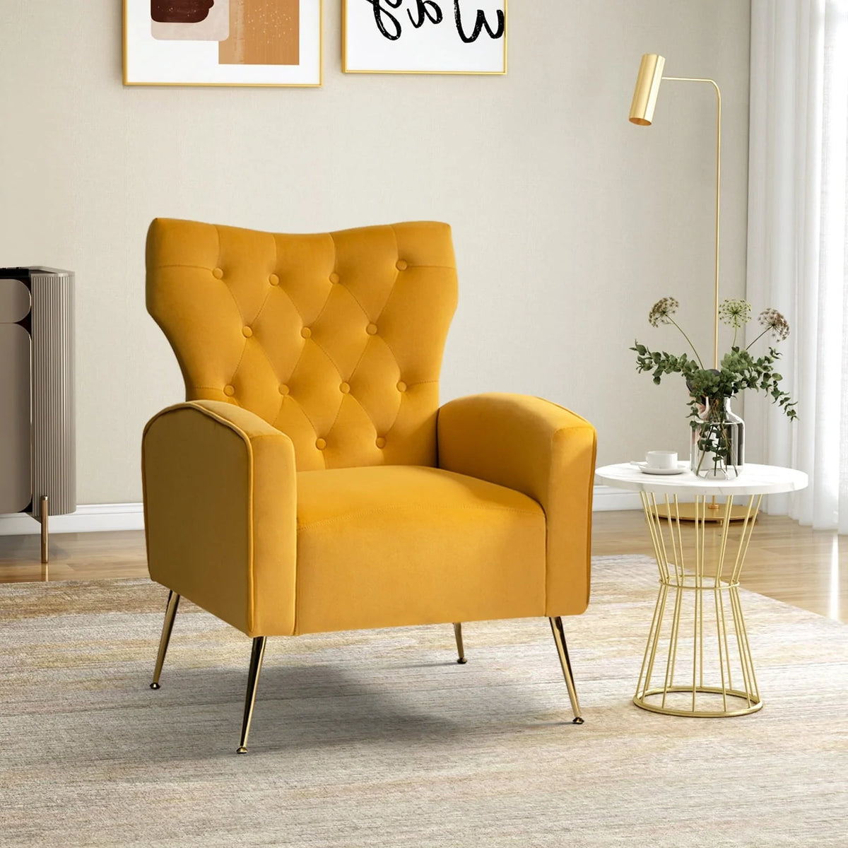 14 Karat Home Fall Home Decor Velvet Accent Chair Button Tufted Metal Legs Adult Living Room Mustard