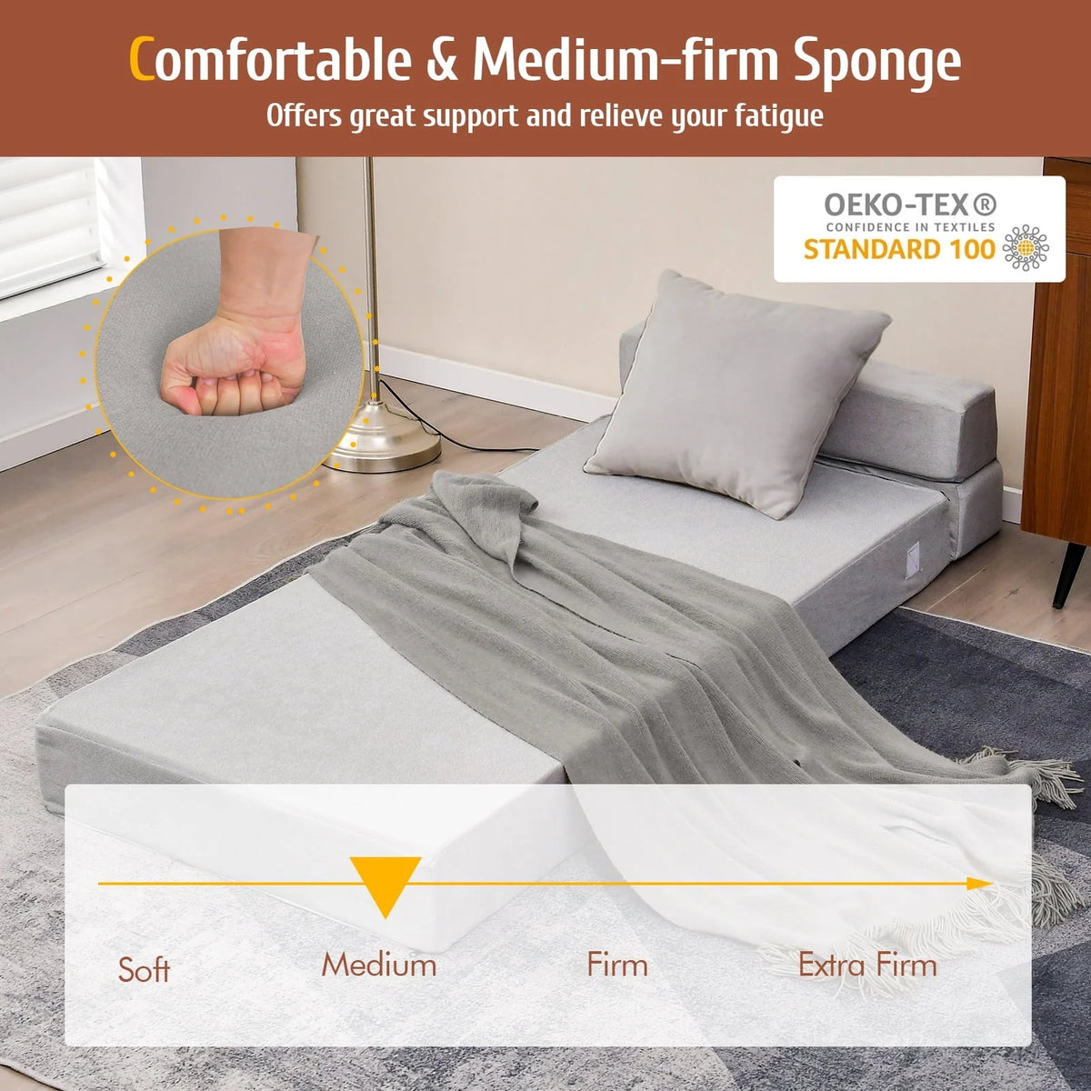 Costway Tri-Fold Fold Down Chair Flip Out Lounger Convertible Sleeper Bed Couch Dorm Grey