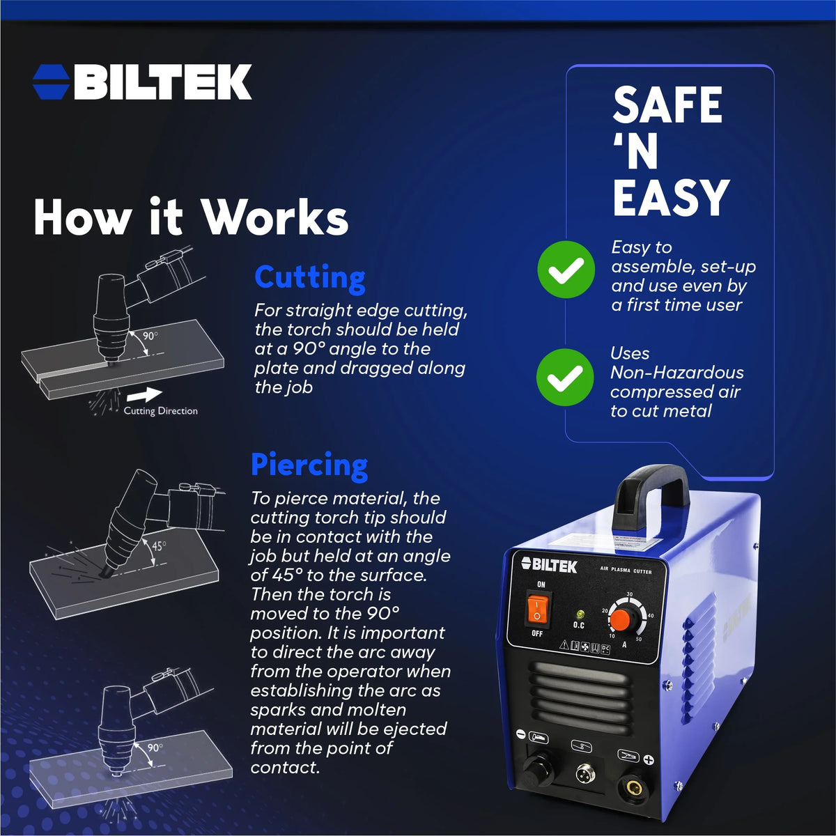 Biltek Plasma Cutter 50A Dual Voltage 110V/220V Cutting Torch Kit, 1/2 Inch, IGBT Technology, Portable Plasma Cutter Machine, Metal Cutter for Steel, Copper, Aluminum, Brass and Other Metals