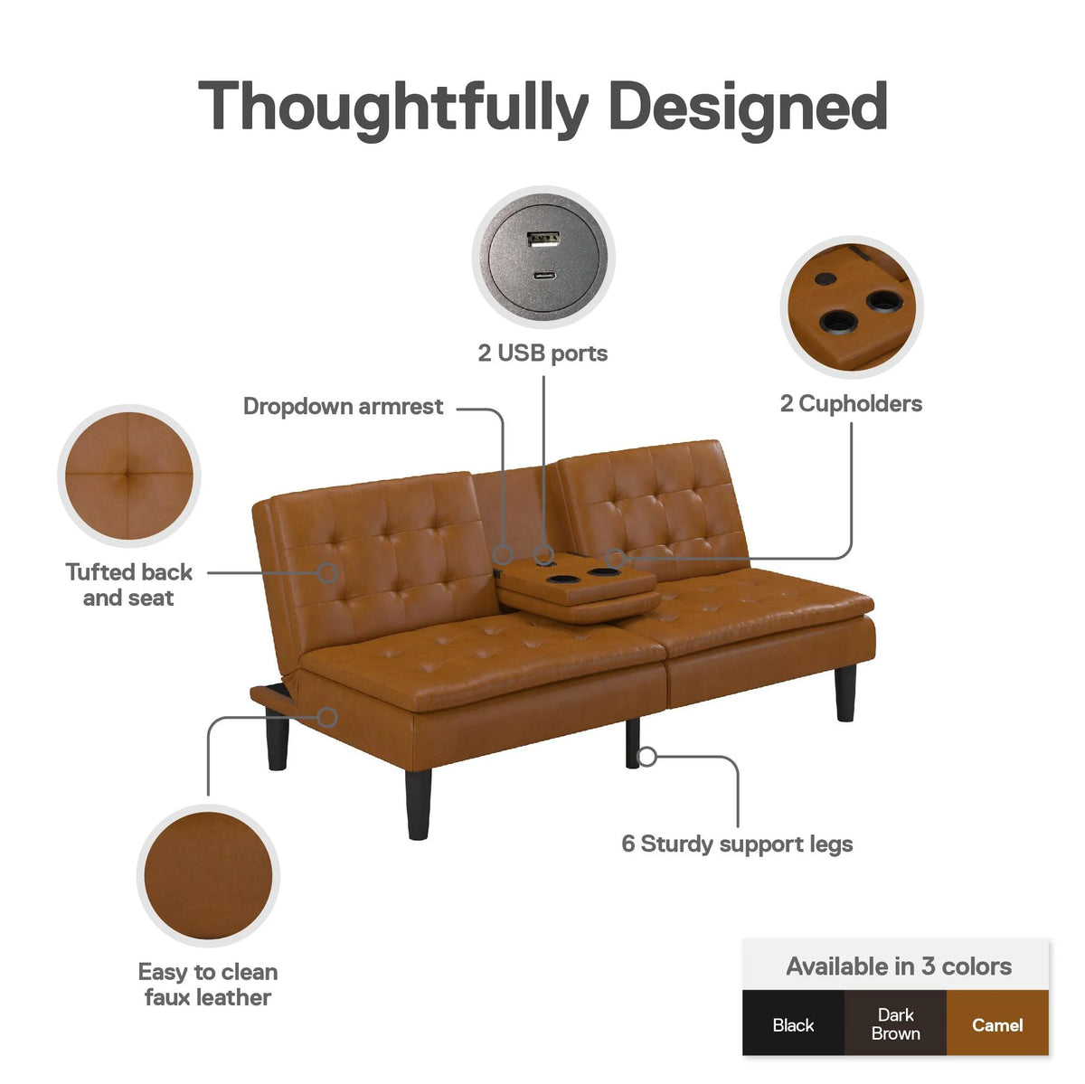 Mainstays Memory Foam 71.5" Futon with Cupholder and USB, Black Faux Leather