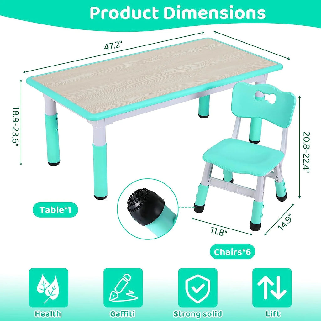 Arlopu Adjustable Kids Table and 6 Chairs Set, Toddler Play Activity Table Set with Graffiti Tabletop, Preschool Kids Furniture Table Set for Reading, Drawing, Eating
