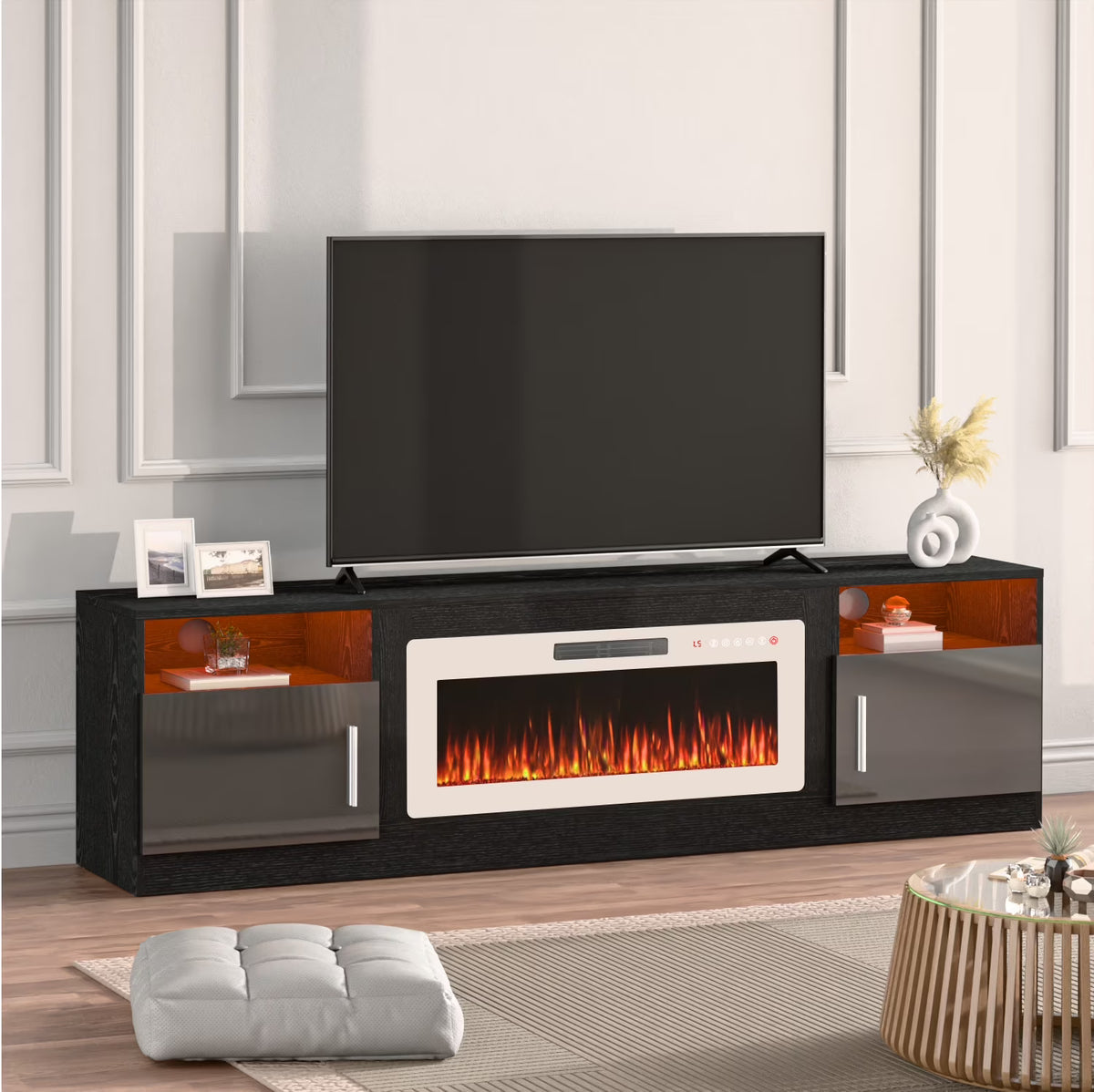 Waleaf Fireplace TV Stand with 36" Electric Fireplace Up to 80" TVs, Modern Wood Media TV Console with Highlight Cabinet, White