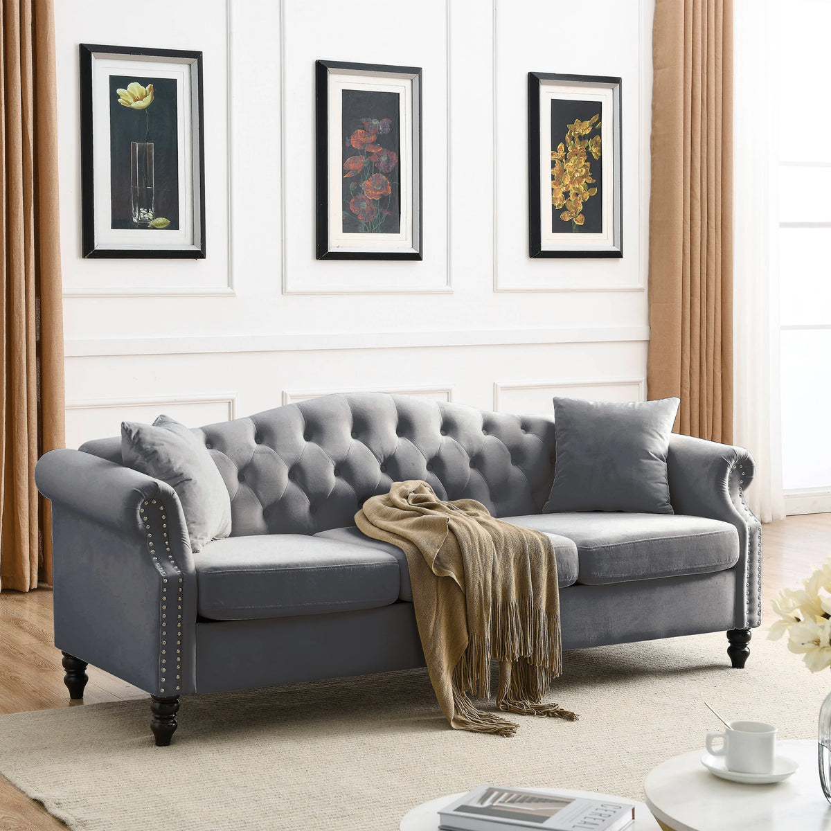 Chesterfield Upholstered Velvet Sofa, 3 Seater Button Tufted Couch with Nailhead Arms for Living Room Bedroom Office Apartment