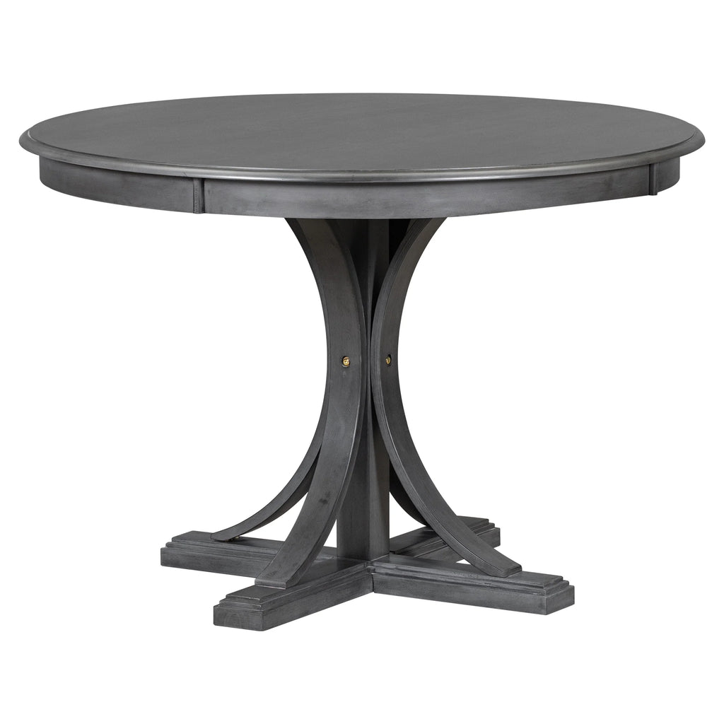 5 Piece Retro Round Dining Table Set with 4 Upholstered Chairs, Wood Dining Table with Curved Trestle Style Legs