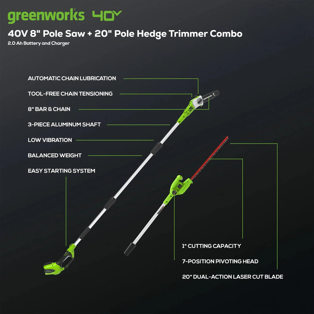 Greenworks 40V 20" Battery Powered Pole Saw with Hedge Trimmer Attachment + 2.0 Ah Battery and Charger
