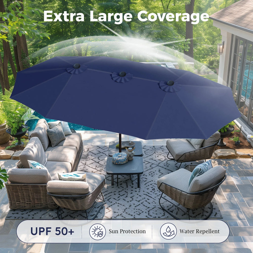 Alpha Joy 15ft Outdoor Patio Umbrella Extra-Large Double-Sided Garden Umbrella with Crank Handle and Base - Smoky Gray