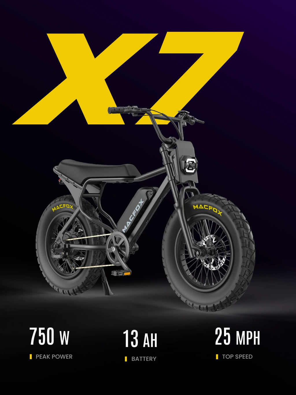 MACFOX X7 Adult Electric Bike, 750W E-Bike, 25 MPH, 48V 13Ah removable battery, 35-mile range, hydraulic brakes, upgraded 20x5.0 wide rear tire.