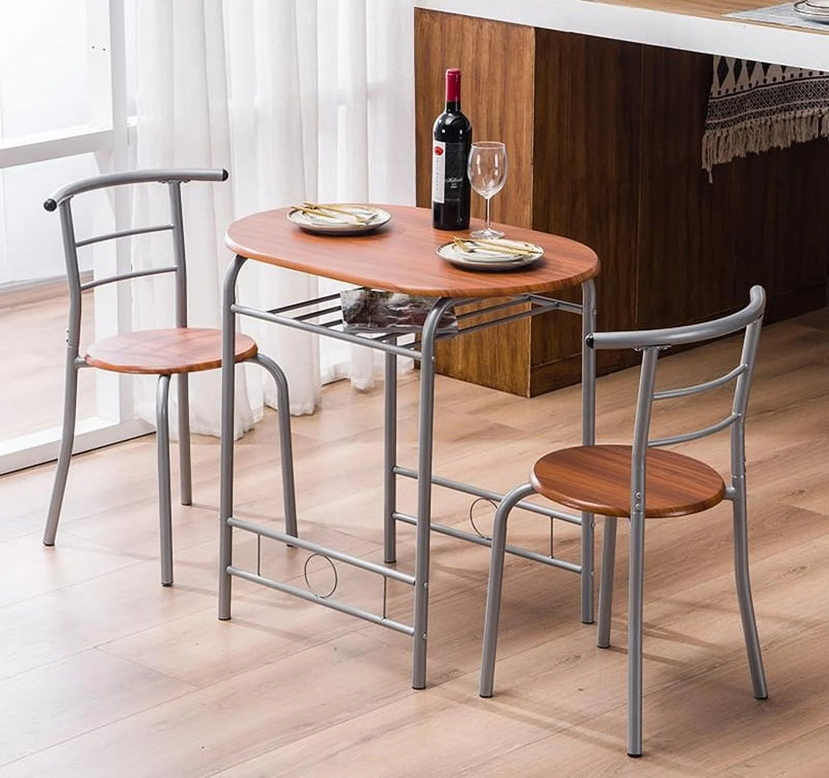 Zimtown 3 Piece Dining Set Compact 2 Chairs and Table Set with Metal Frame and Shelf Storage Bistro Pub Breakfast Space Saving for Apartment and Kitchen