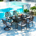 7-Piece Patio Furniture Dining Set, All-Weather Cast Aluminum Outdoor Table and Chairs for 6, Includes 4 Dining Chair & 2 Swivel Chairs & 60���� Rectangular Table, Beige