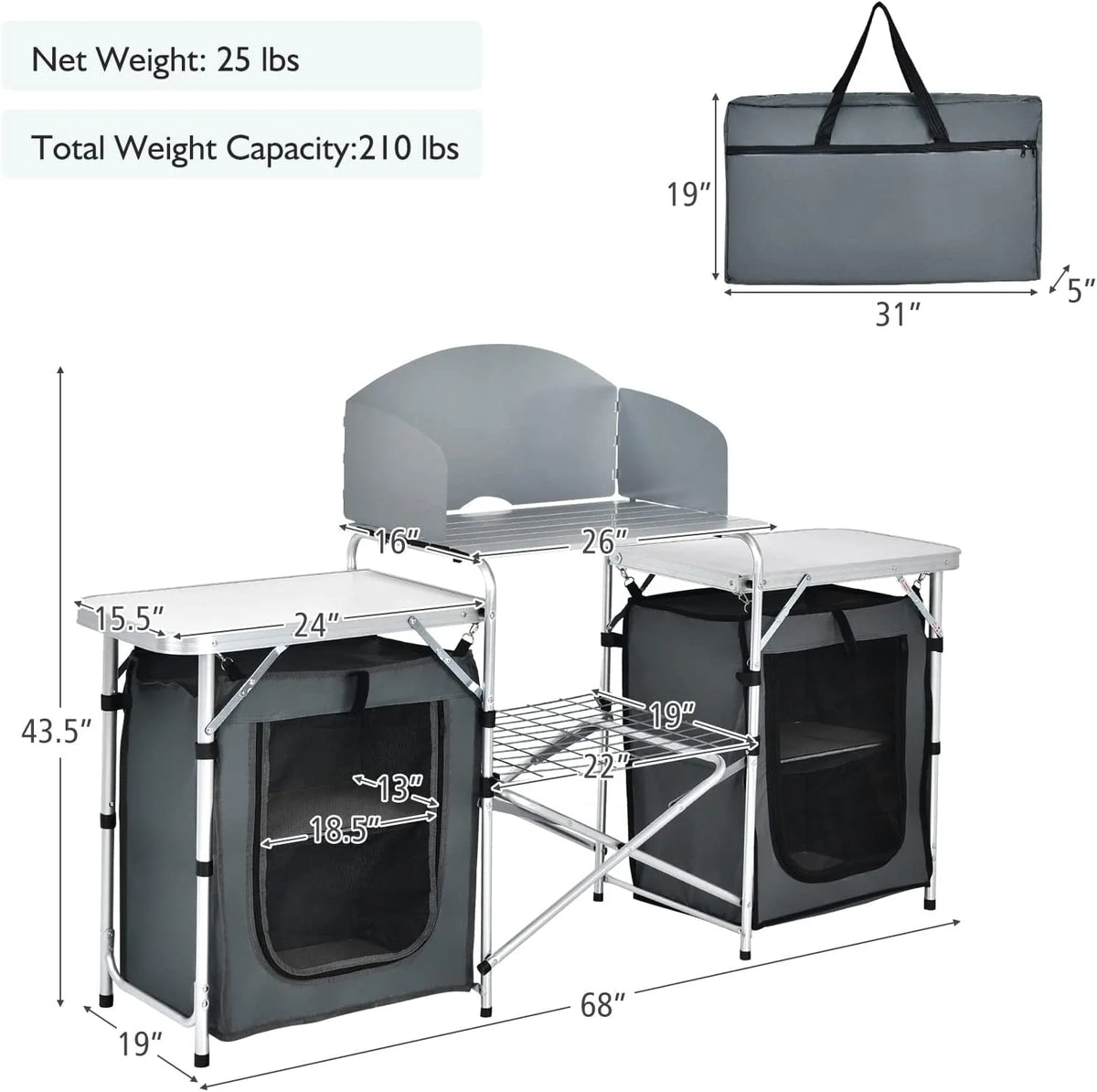 Camping Kitchen Table with Storage, Aluminum Portable Outdoor Cooking Table with Windscreen, Foldable Camp Table Cook Station for BBQ, Grill, Party, Picnics