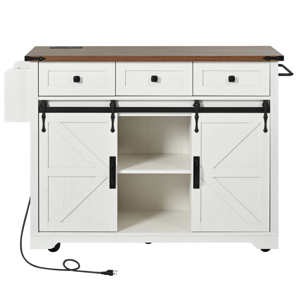 Homy Casa Farmhouse 53.7" Kitchen Island with Storage Cabinet, Sliding Barn Doors, and Wheels, White Oak