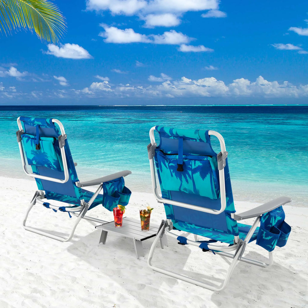 Costway 2-Pack Folding Backpack Beach Chair Table Set 5-Position Outdoor Reclining Chair Pink