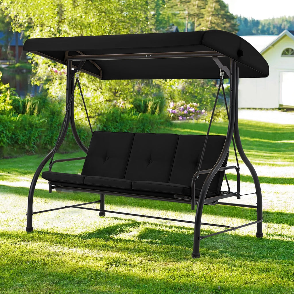 AECOJOY 3 Person Canopy Steel Porch Swing, Converting Swing Glider Hammock-Beige
