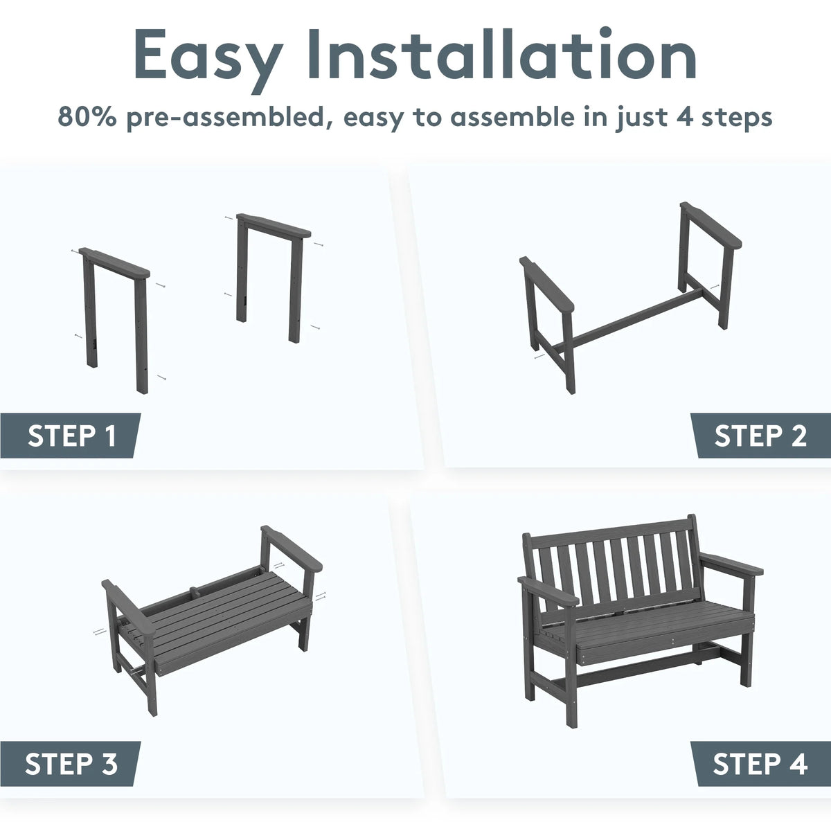 SERWALL Outdoor Bench for 2-Person, Weather-Resistant HDPE with Aluminum Reinforcement, Supports 660 lbs, Comfortable Seating for Patio, Garden, and Porch, Black
