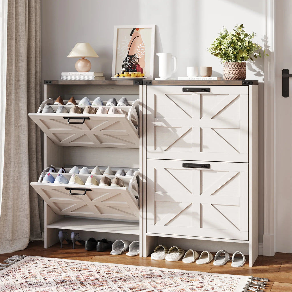 VEANERWOOD Shoes Storage Cabinet With Doors, Farmhouse Shoe Cabinet With 2 Flip Drawers For Entryway,Gray