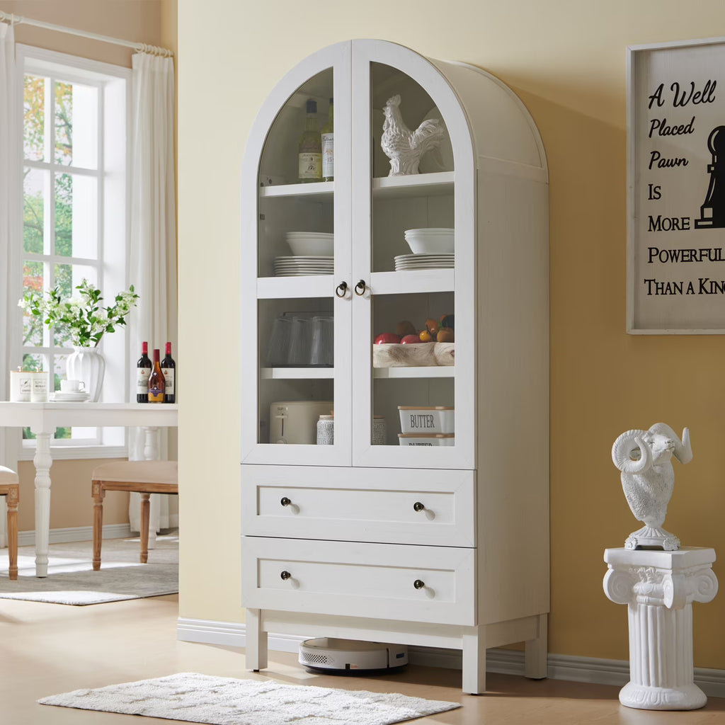 SinCiDo Arched Kitchen Pantry Storage Cabinet, 71-Inch Tall Wood Adjustable Shelves, 2 Doors, 2 Drawers