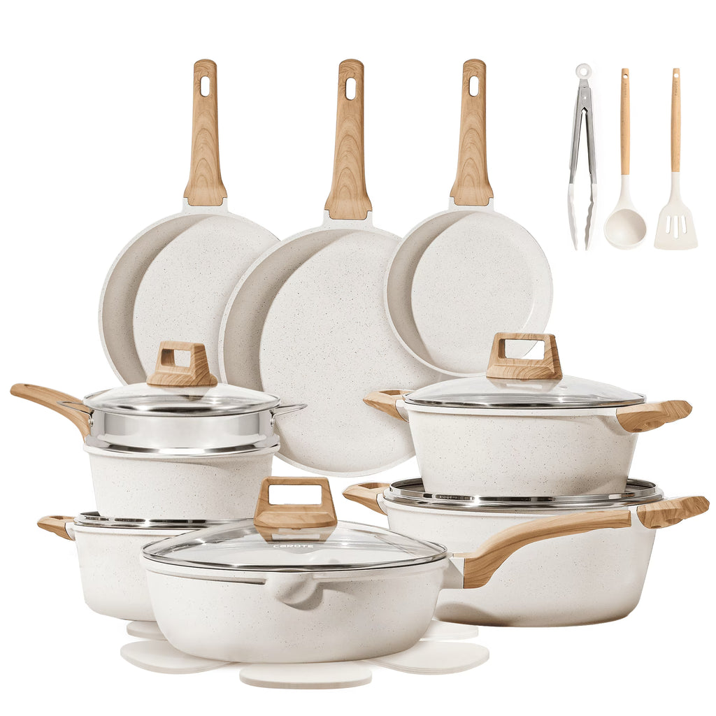 Carote Nonstick Cookware Sets, 24 Pcs Granite Non Stick Pots and Pans Set, Induction Cookware, White