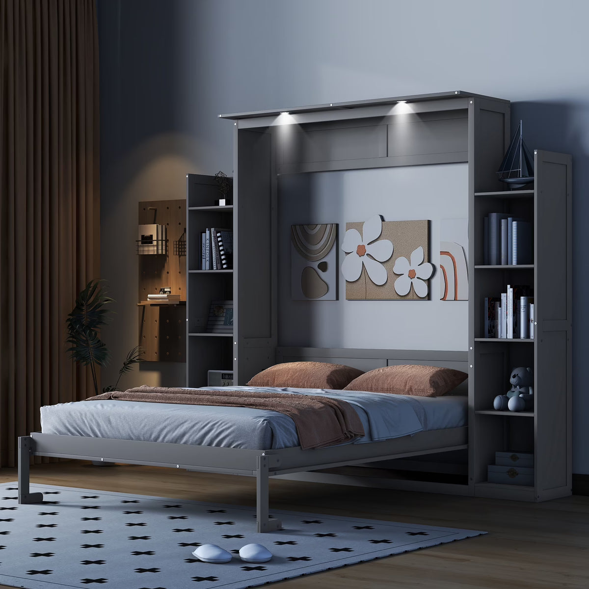 Aukfa Queen Size Murphy Bed with 5-Tier Storage Shelf & LED Lights, Foldable Wall Bed Cabinet with Mattress Support, Space-Saving Design for Guest Room/Home Office, Gray