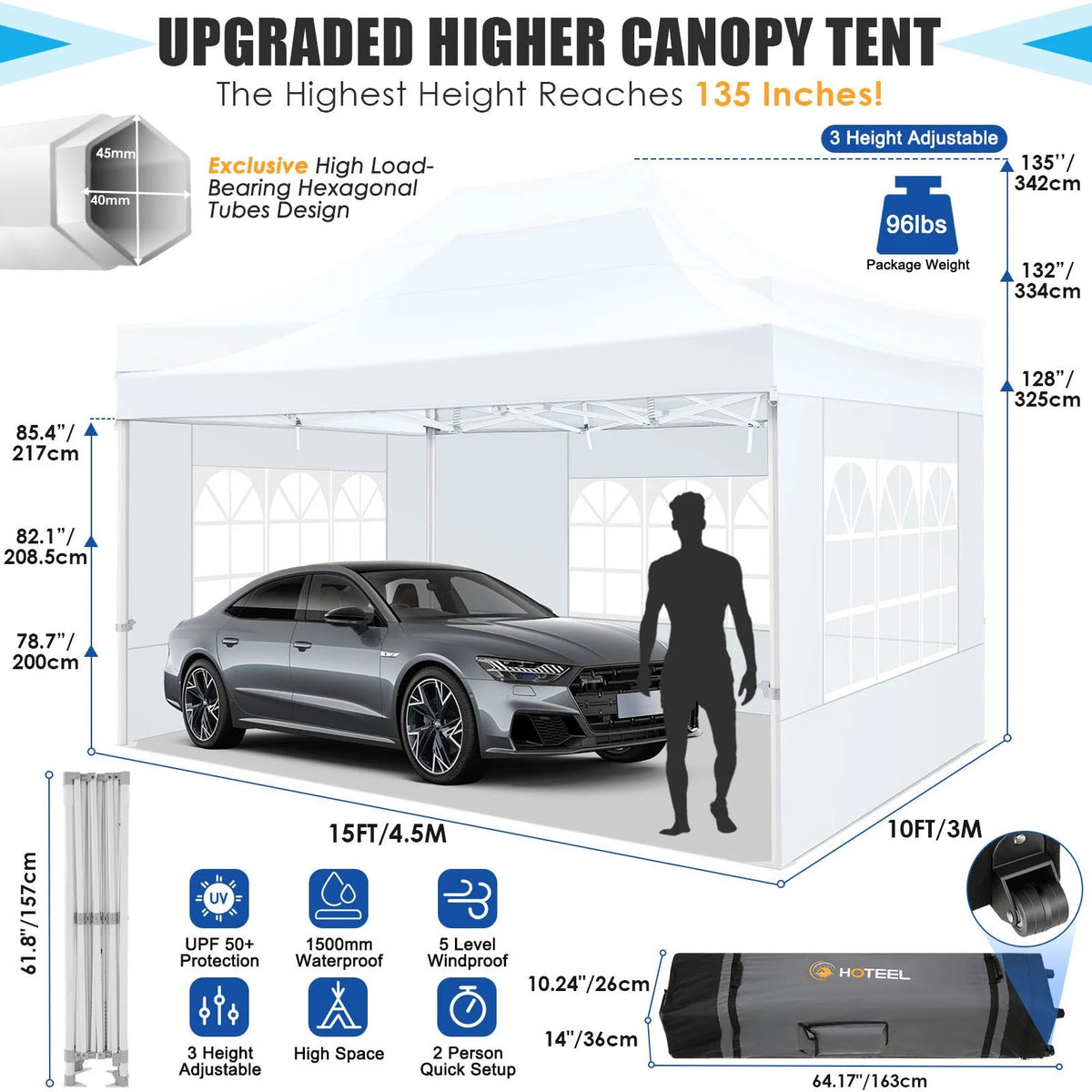 HOTEEL 10x15 Heavy Duty Canopy Tent - Commercial Pop Up with UV50+, Thick Hexagonal Frame, 4 Sidewalls, Anti-Pooling Design & Roller Bag (Black)