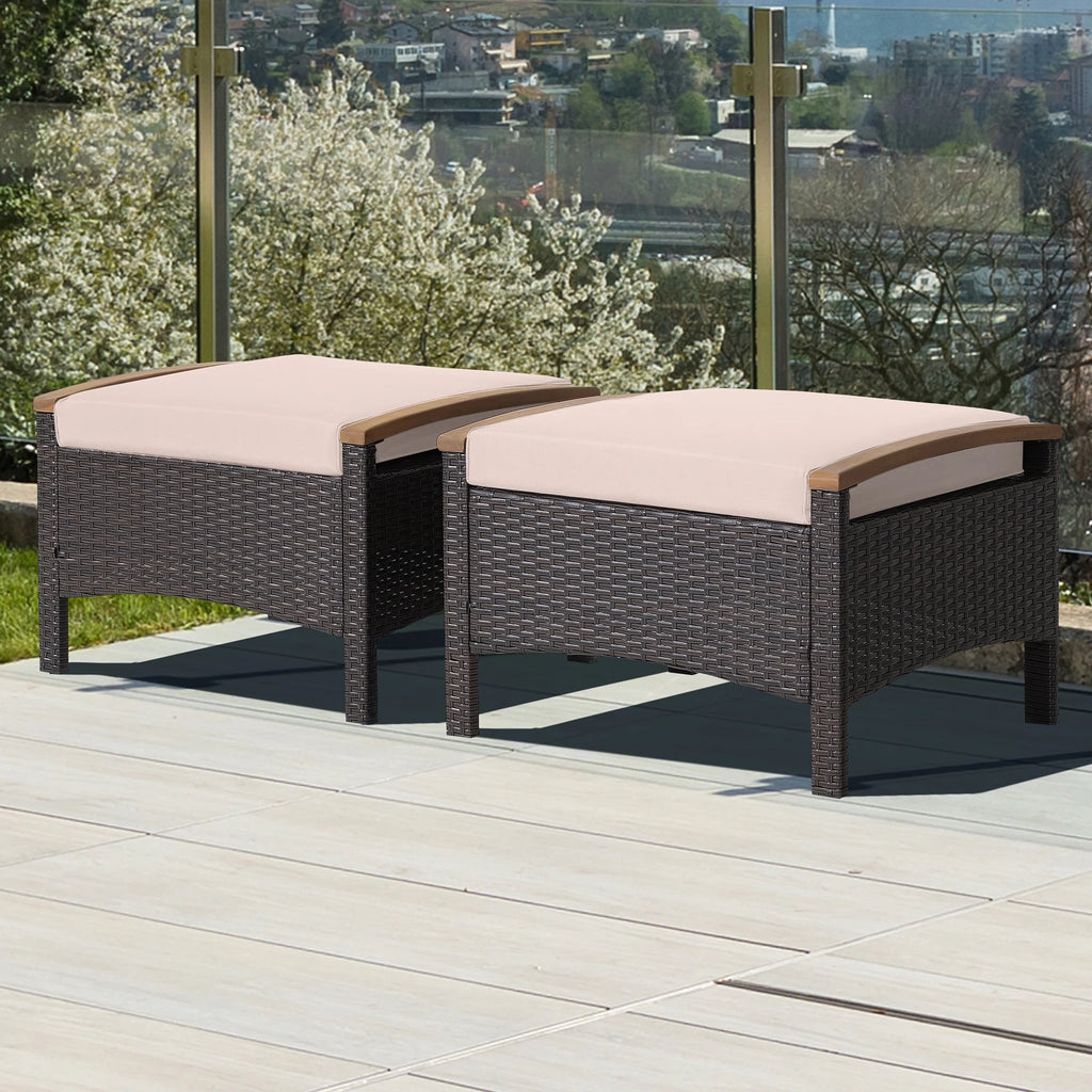 Costway Set of 2 Patio Rattan Ottoman Footrest Cushions Wooden Handle Beige