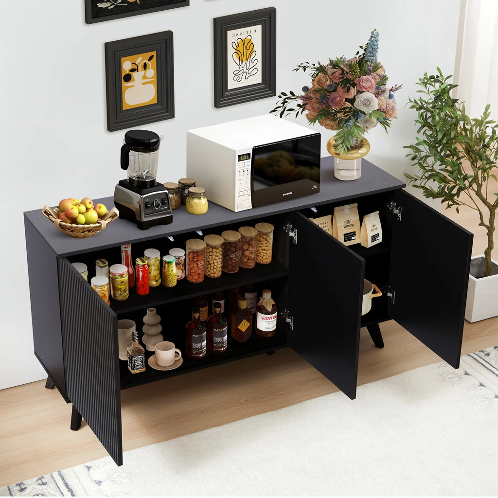 Wirrytor Sideboard Storage Cabinet with Doors and Shelves, Buffet Cabinet with Storage, Credenza Storage Cabinet for Kitchen, Wooden Fluted Cabinet, Under TV Cabinet with Storage - Black