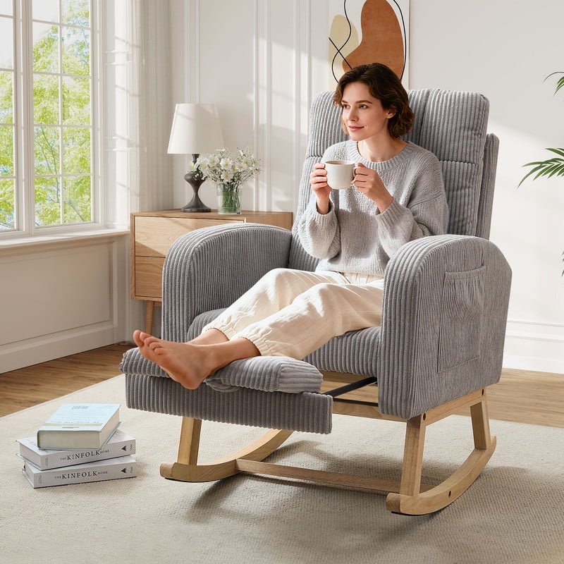 FFH Rocking Chair Nursery, Tufted Accent Rocker Chair, Upholstered Armchair with Adjustable Footrest, Side Pocket, High Backrest, Padded Seat, Polyester Blend (Retro, Dark Gray)