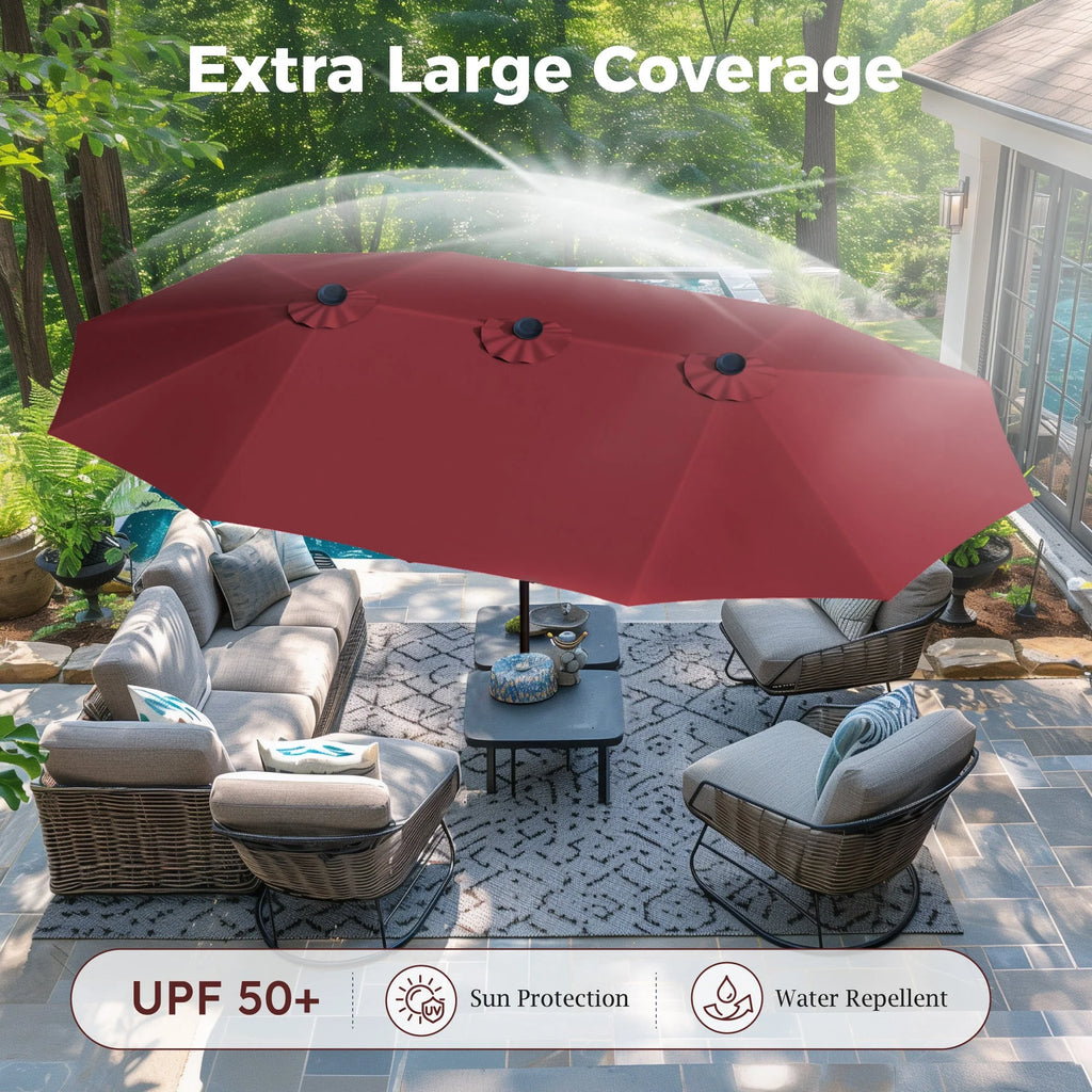 Alpha Joy 15ft Outdoor Patio Umbrella Extra-Large Double-Sided Garden Umbrella with Crank Handle and Base - Smoky Gray