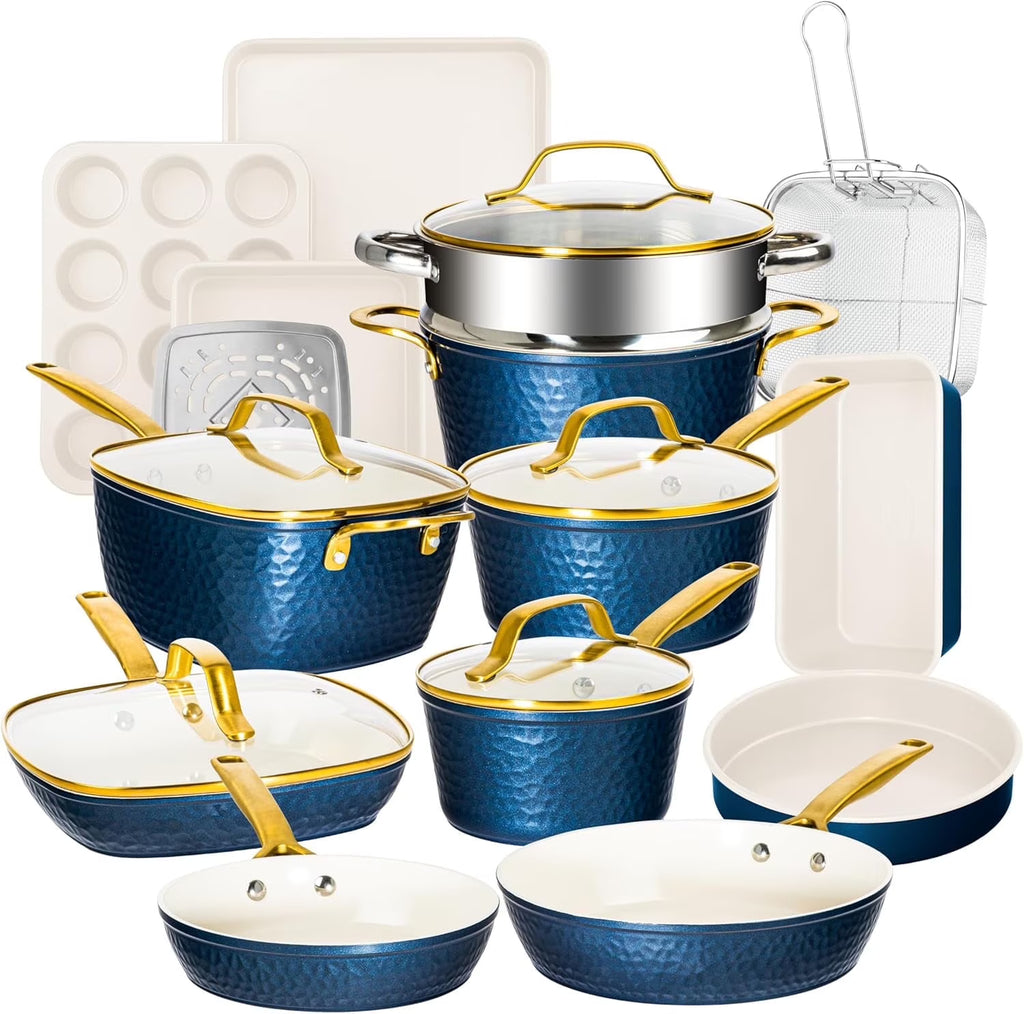 Gotham Steel Hammered 20 Pc Ceramic Cookware Set Nonstick, Induction Pots and Pans Set, Non Toxic Cookware Sets, Oven & Dishwasher Safe - Copper