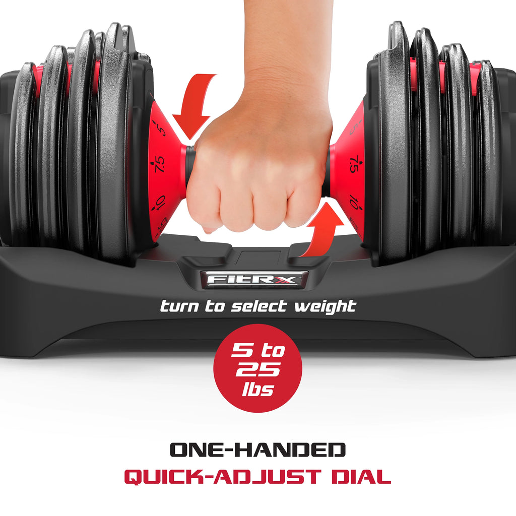 FitRx Adjustable Dumbbells 2-Pack, 25lb SmartBell Dumbbell Set with 9-in-1 Quick-Select Weights, 2.5lb Increments for Home Gym