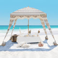 OutdoorMaster Beach Cabana with Fringe, Portable 6' x 6' Beach Canopy, Easy Set Up Beach Shelter, Included Side Wall, UPF 50+ UV Protection Sun Umbrella - for Kids, Family & Friends