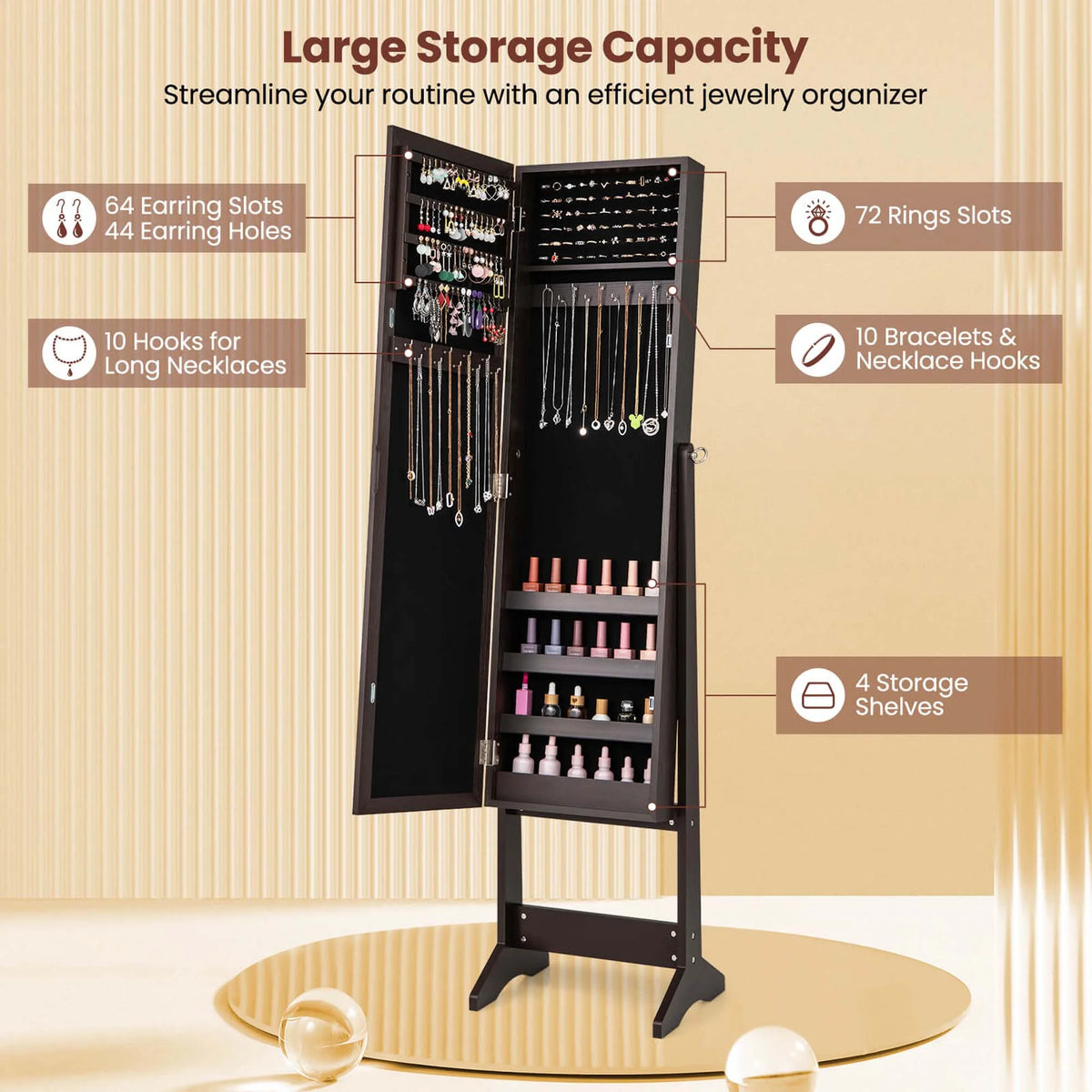 Costway Jewelry Mirrored Cabinet Armoire Organizer Storage Box w/ Stand Christmas Gift