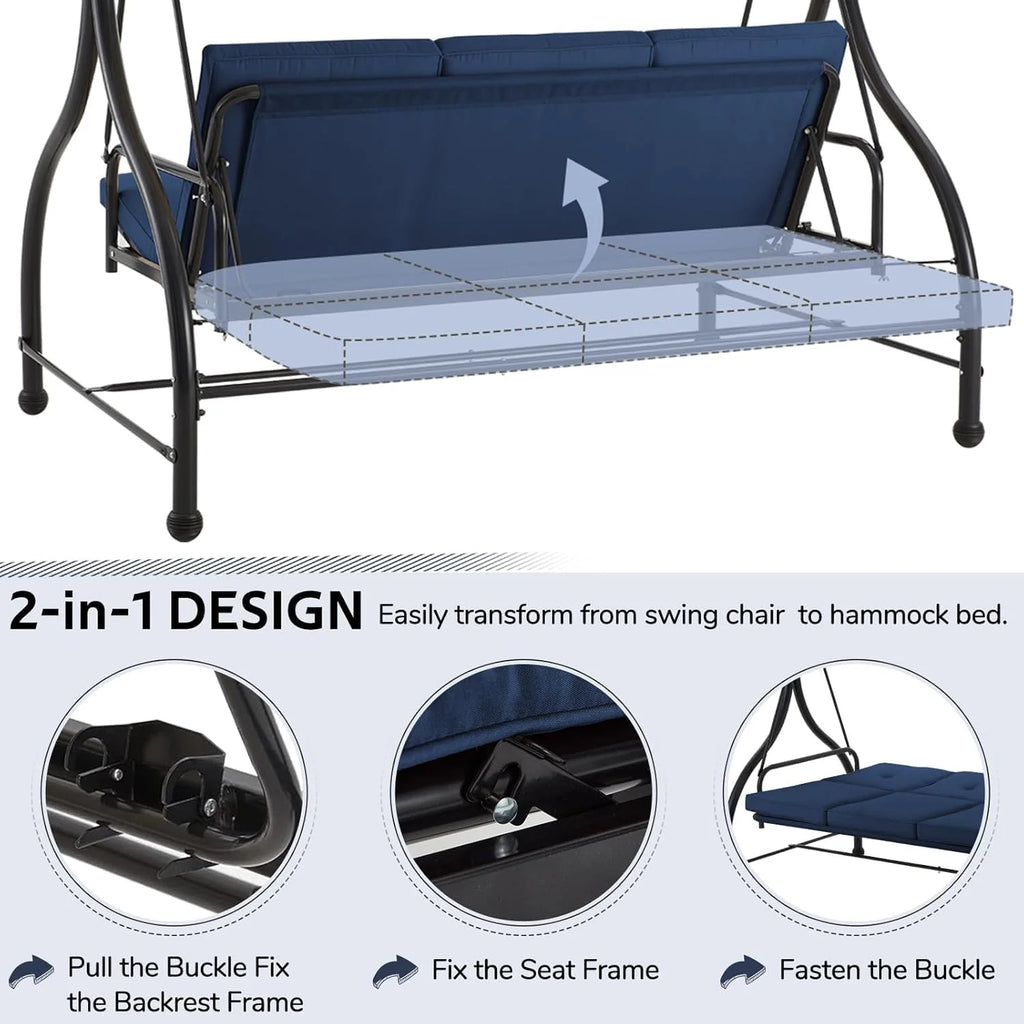 AECOJOY 3 Person Canopy Steel Porch Swing, Converting Swing Glider Hammock-Beige