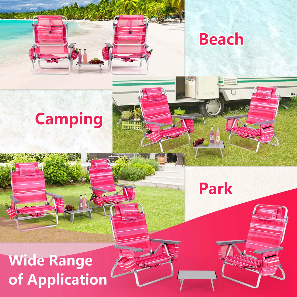 Costway 2-Pack Folding Backpack Beach Chair Table Set 5-Position Outdoor Reclining Chair Pink