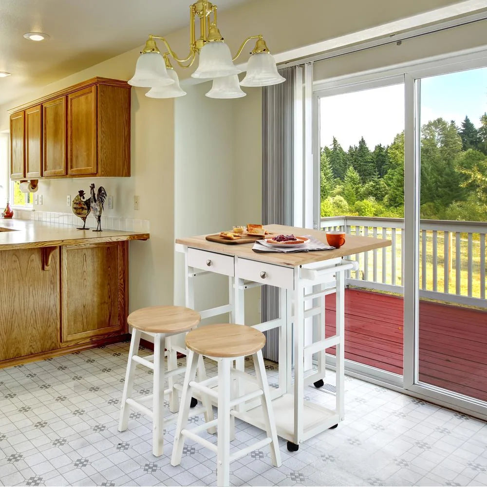 American Trails Breakfast Cart with Drop-Leaf Table, American Maple Top, Square - White