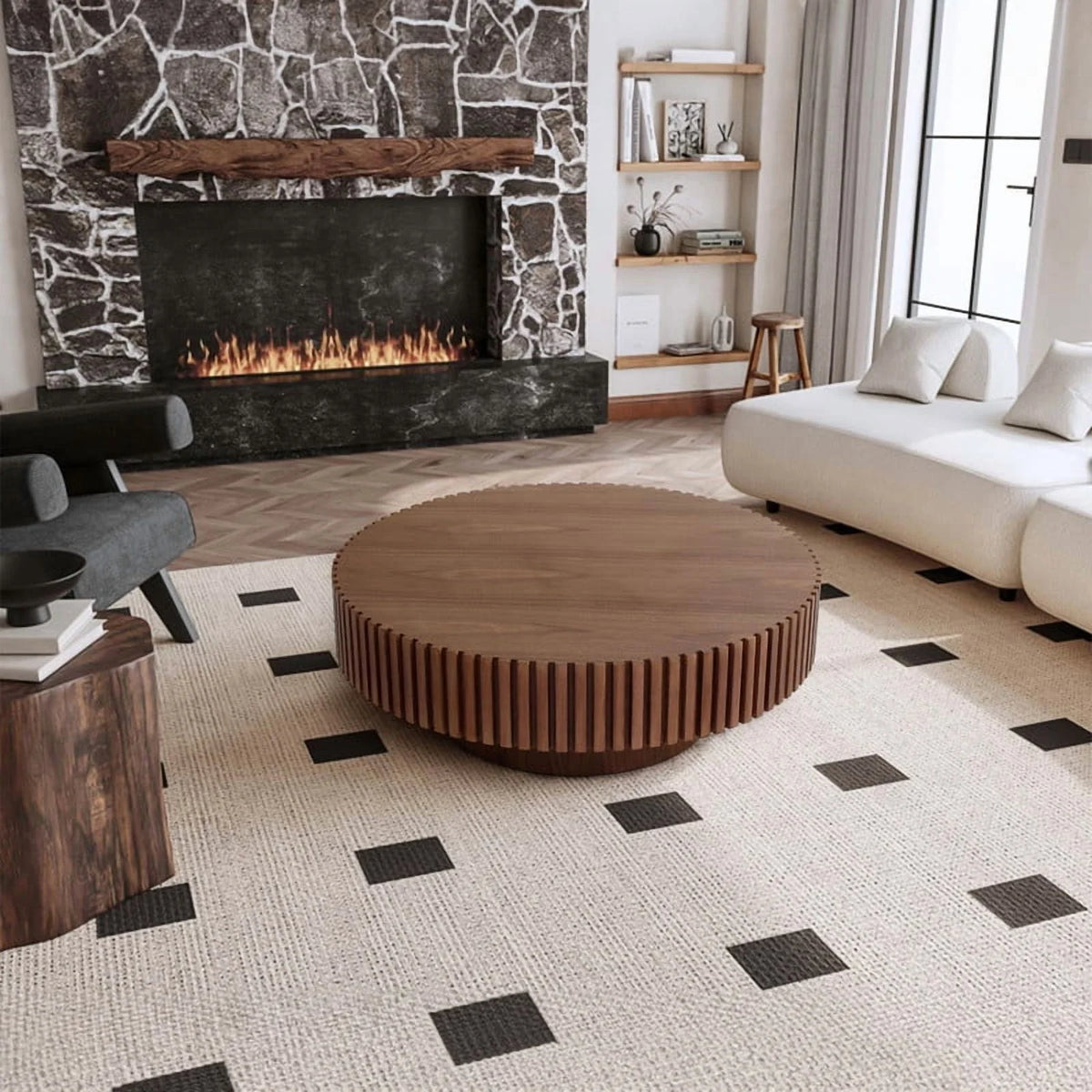 FFH 43.7 inch Oval Coffee Table for Living Room,Handcraft Rustic Corner Coffee Table Nature Wood Relief Sturdy Pedestal for Apartmen,Side Table Centre Table,Nature Wood