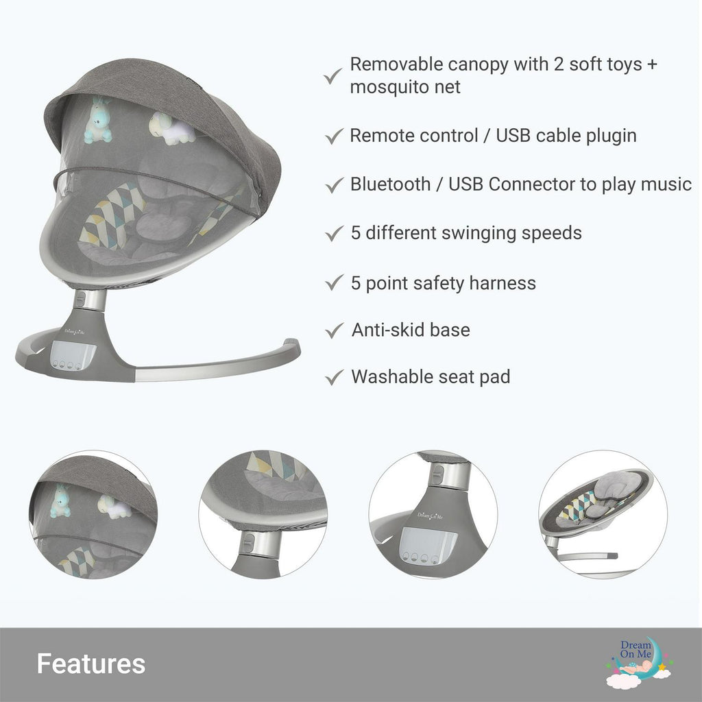 Dream On Me Zazu Baby Swing. Baby Swing for Infant. 5 - Swinging Speed. Two Attached Toys. Bluetooth Enabled and Remote Control. Grey and Blue