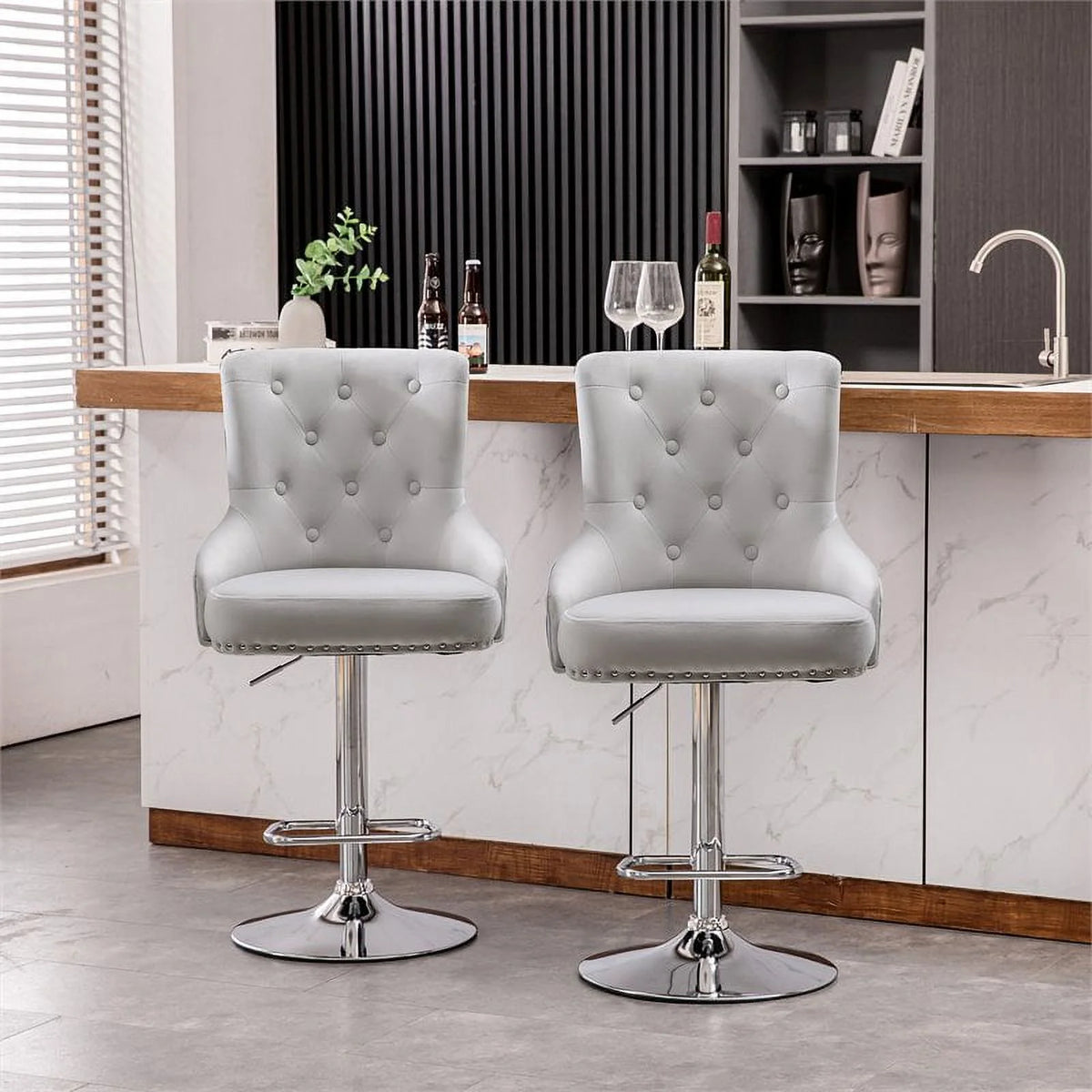 Alexent  2PCS Swivel Bar Stools, High Back, Button Tufted, Silver Footrest and Nailhead Trim Swivel Bar Chairs for Kitchen, Bar Velvet Upholstered Bar Stools, Dark Blue
