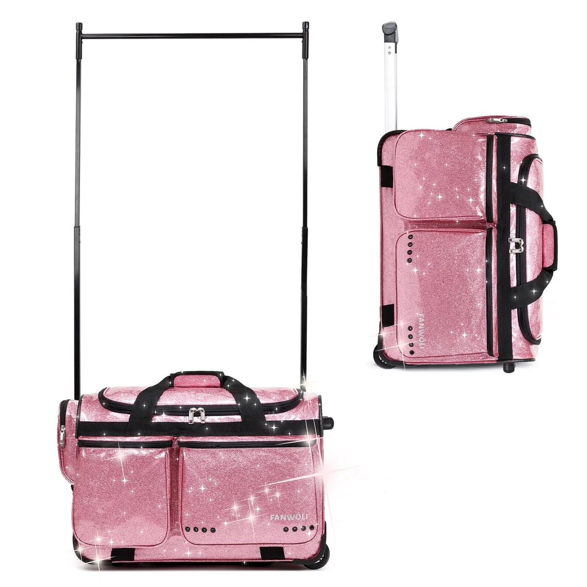 Dance Bag with Garment Rack,23"Glitter Rolling Dance Competition Bag with Organizer Bag, Collapsible Dance Travel Bag Suitcase for Dancers Performer Artist,Pink