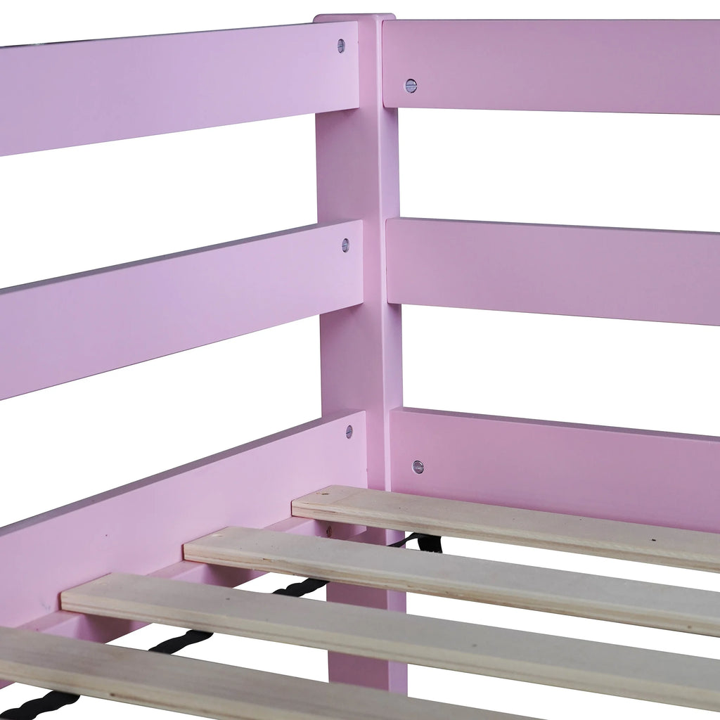 Twin Over Twin Floor Bunk Bed, UHOMEPRO Solid Wood Low Bunk Bed with Safety Rail, Ladder, Heavy Duty Bunk Beds, Space-Saving Bedroom Dorm Furniture, Gray