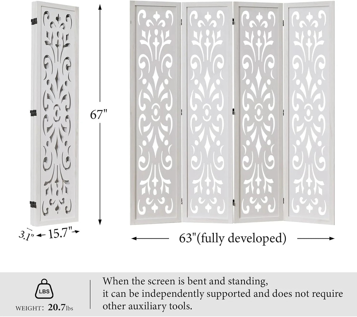 5.6Ft Room Divider Folding Wood Classical Carved Partition Screen for Home Office Garden - 4 Panels (White)