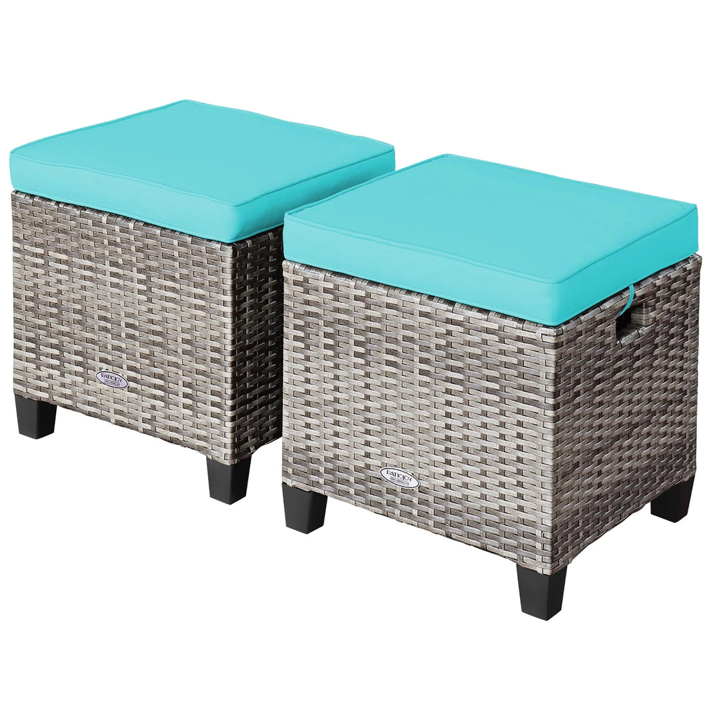 Costway 2PCS Patio Rattan Cushioned Ottoman Seat  Foot Rest TableTurquoise